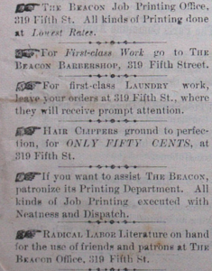 Advertisments for The Beacon Job Printing Office, Barbershop, Laundry, and radical literature