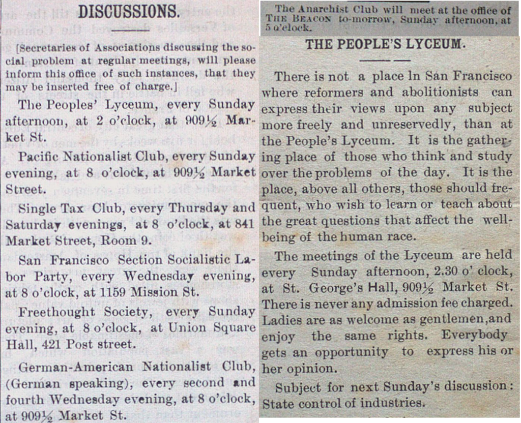 'The Beacon' local group advertisements for The People's Lyceum, Pacific Nationalist Club, Single Tax Club, San Francisco Section Socialist Labor Party, Freethought Society, German-American Nationalist Club, and The Anarchist Club