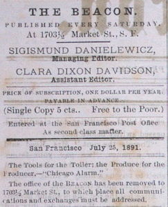 The Beacon Masthead listing Sigismund Danielewicz as editor, Clara Dixon Davidson as assistant editor, and with a quote from 'The Alarm'